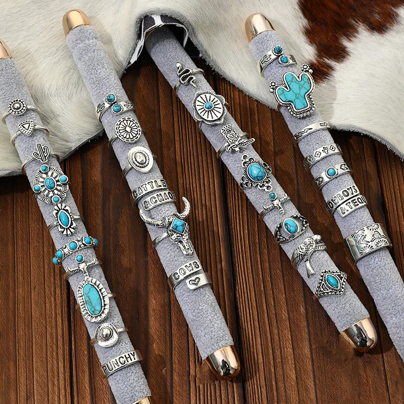 Western Cowboy Vintage Turquoise Fashion Rings Set