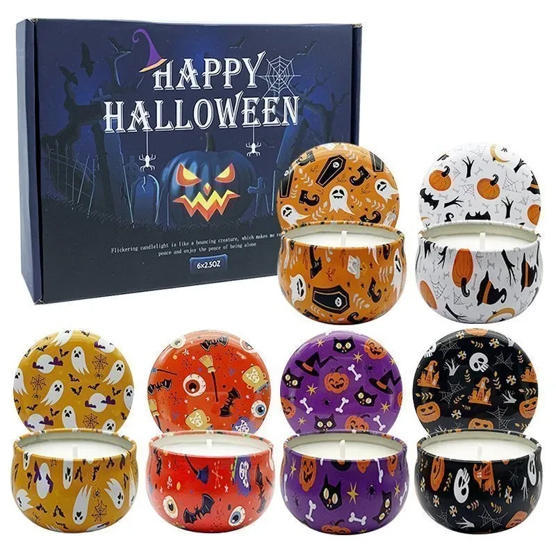 Hot Selling Halloween Decorate Round Scented Candle In Metal Jar