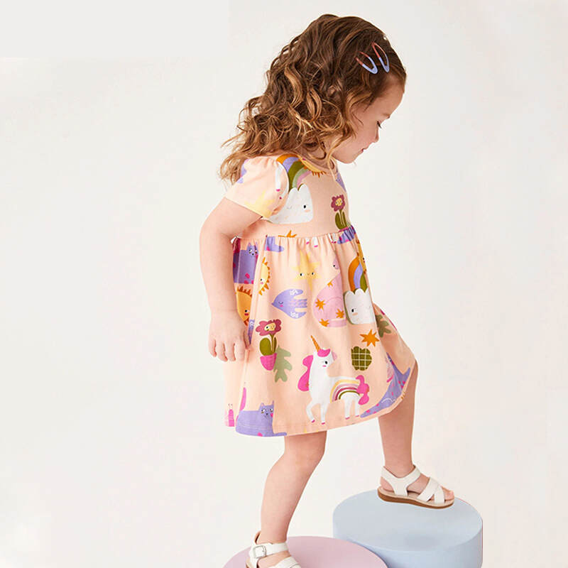 100% cotton print short sleeve girl dress