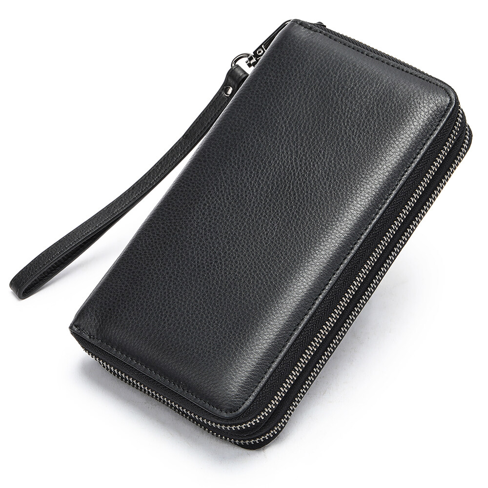 MARRANT Men Clutch Bag Genuine Leather Double Zipper Card Holder Wallets with Wristlet Cellphone Purse Leather Purse Wallet Men