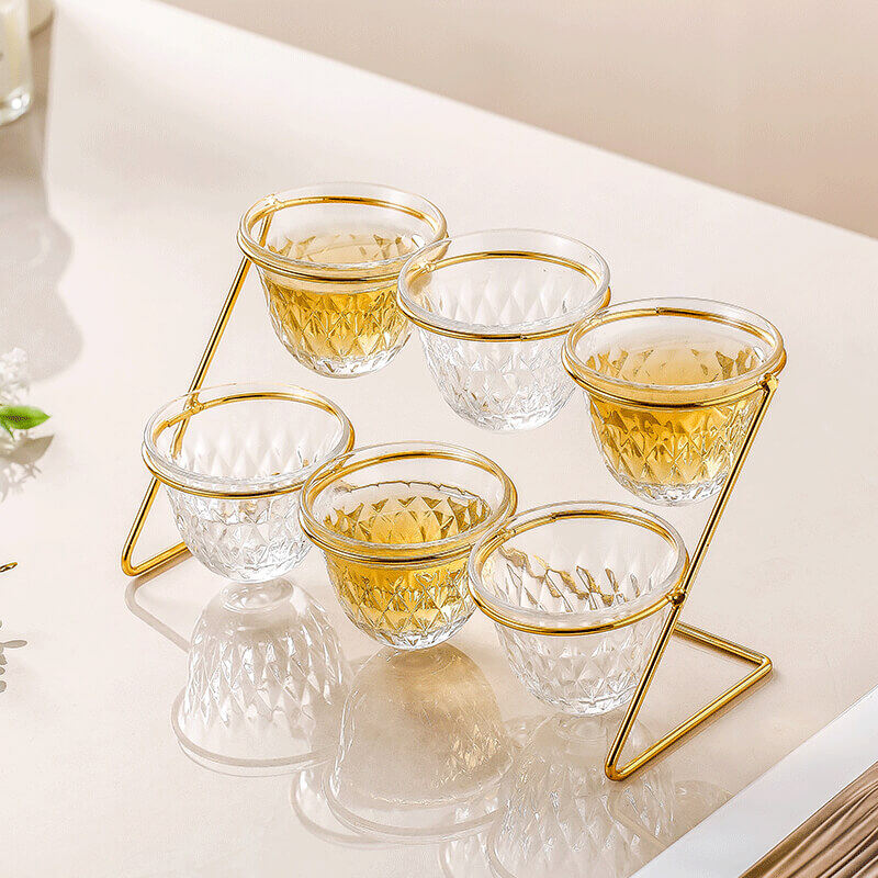 Modern Transparent Glass Tea Cup Set with Metal Stand