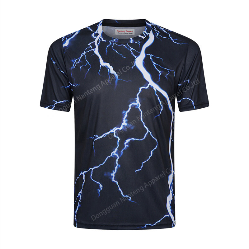 Custom Polyester Breathable Sublimation 3D Lightning Pattern Crew Neck Pullover Men T-Shirt