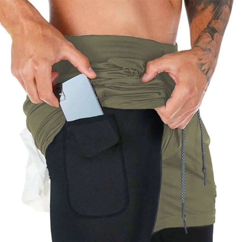 Fitness Men 2 en 1 teléfono pantalones cortos deportivos de bolsillo