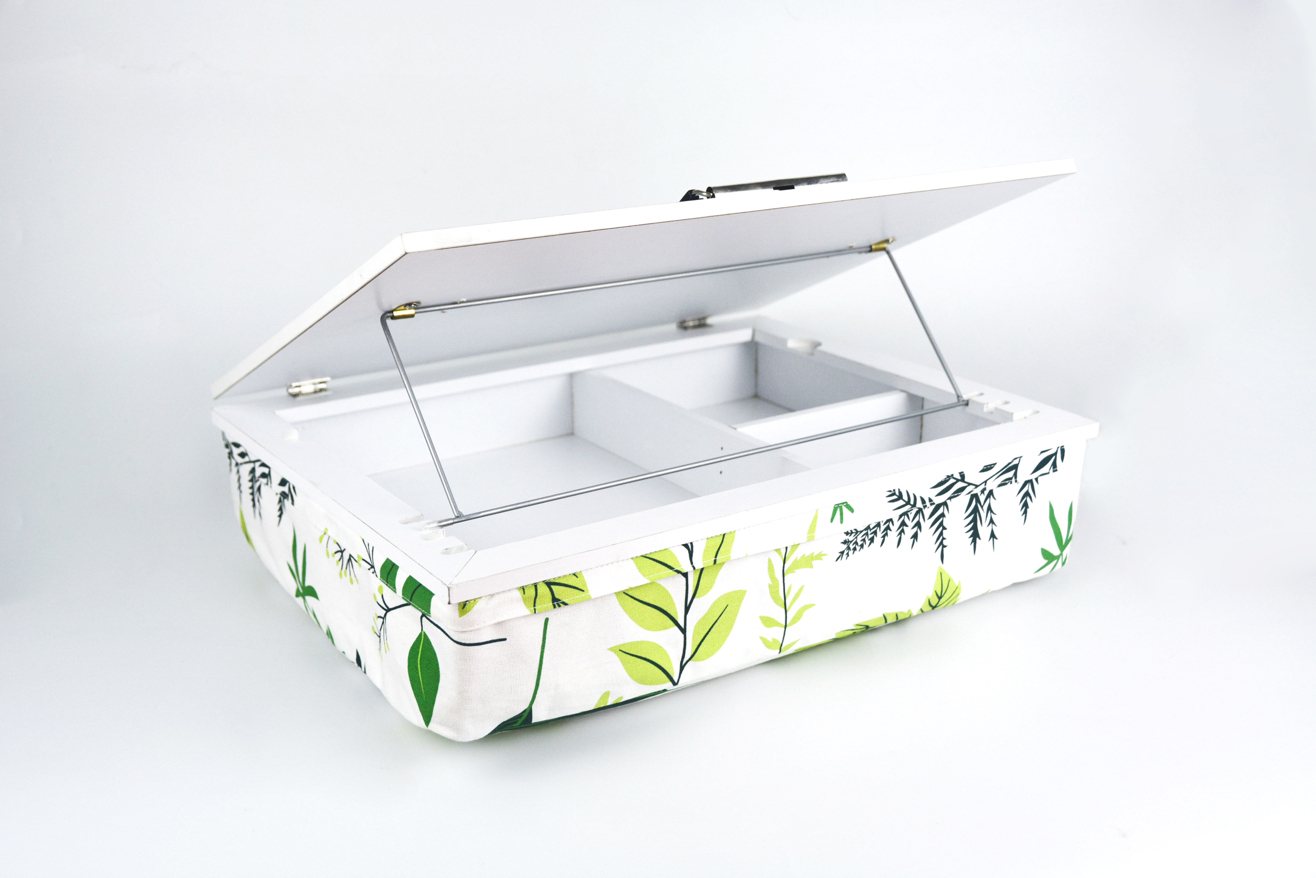 Multi-functional wooden computer storage desk pad with spring leaf fabric printed for home and office use