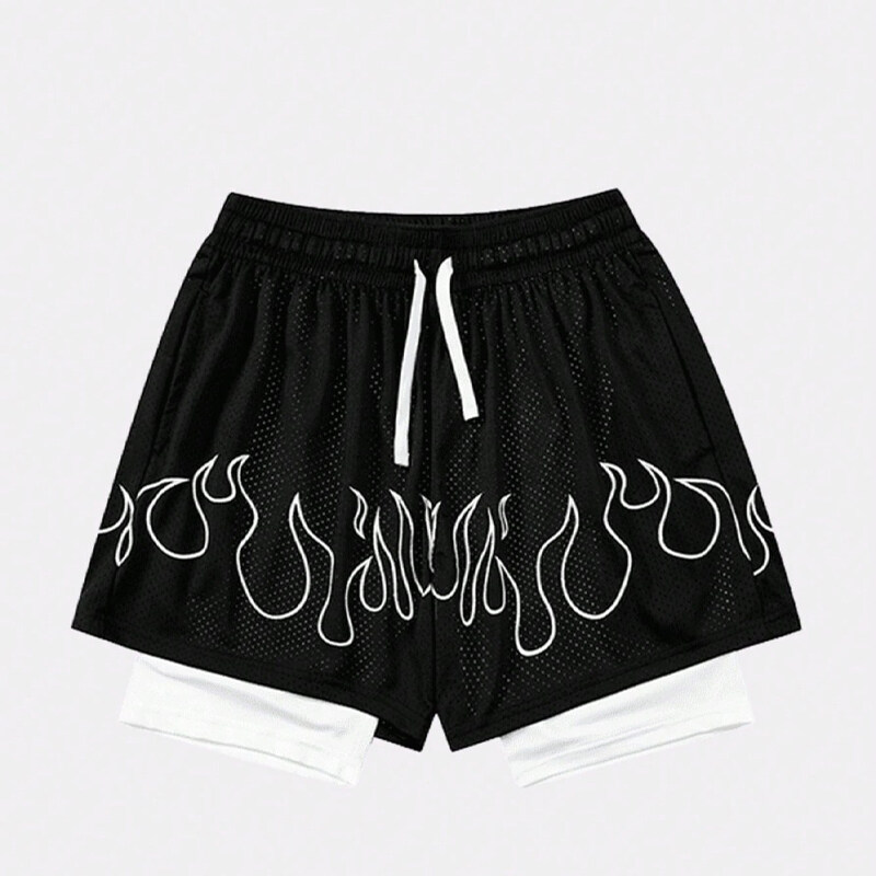 Men's American-style Basketball Sport Shorts With Double-layer Flames Mesh Fabric Design