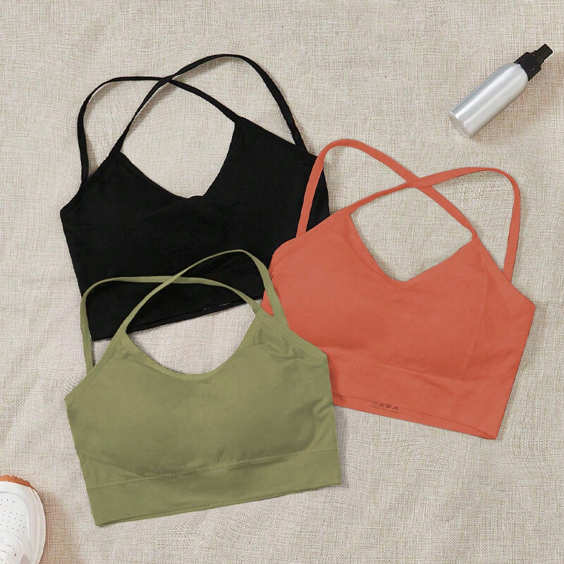 3pcs Medium Support Criss Cross Backless Sports Bra