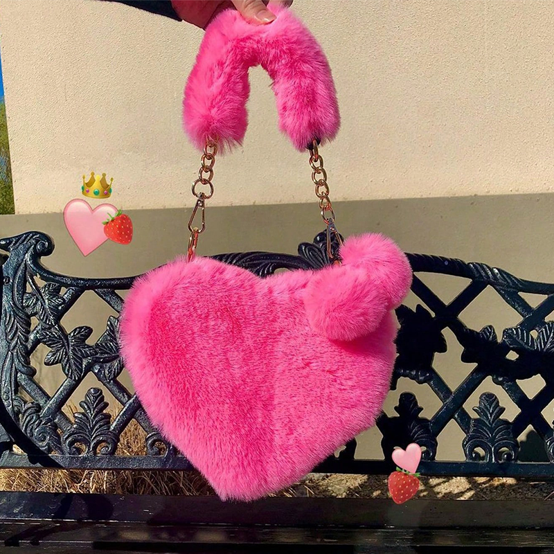 Girls Soft Small Heart Shaped Fluffy Handbag