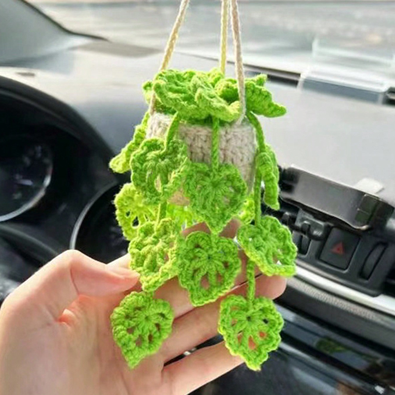 Handmade Woven Potted Plant Pendant Car Rearview Mirror Decoration