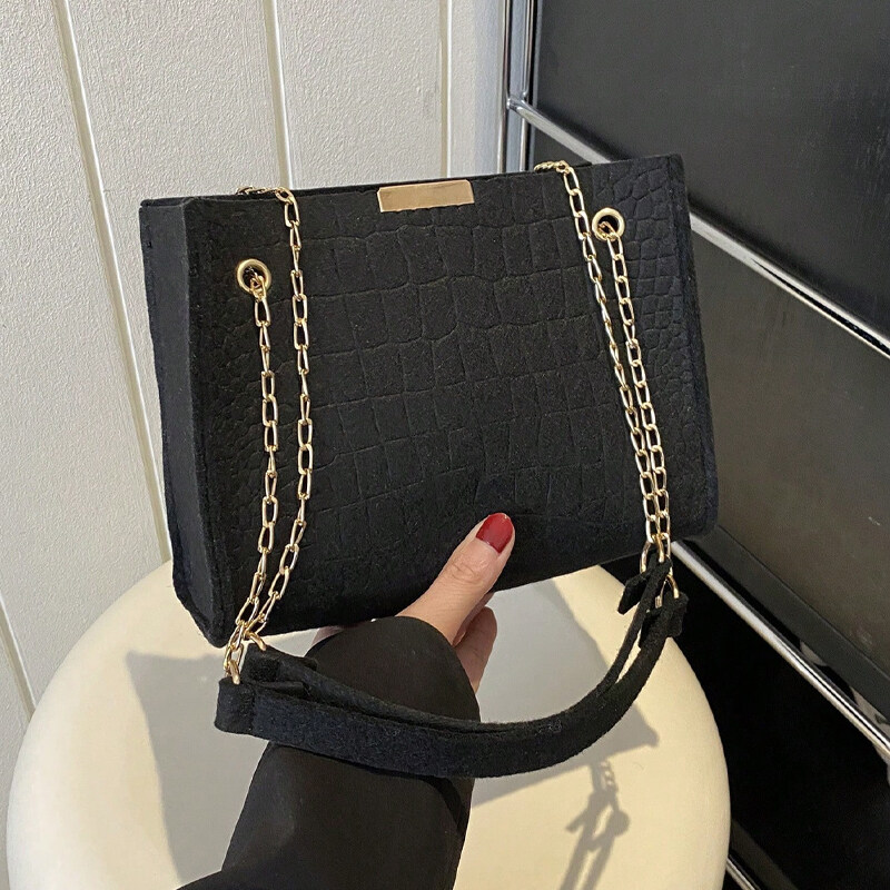 Crocodile Embossed Square Bag Chain Strap Black