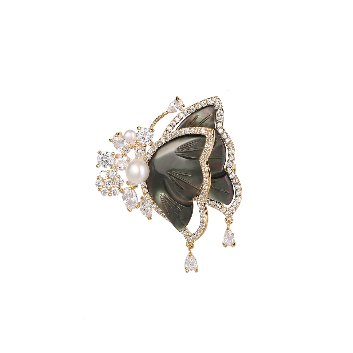 New 2023 Black Butterfly Shell Flower Zircon Brooch Wholesale Women's Retro Fashion All-match Brooch Pearl Pin