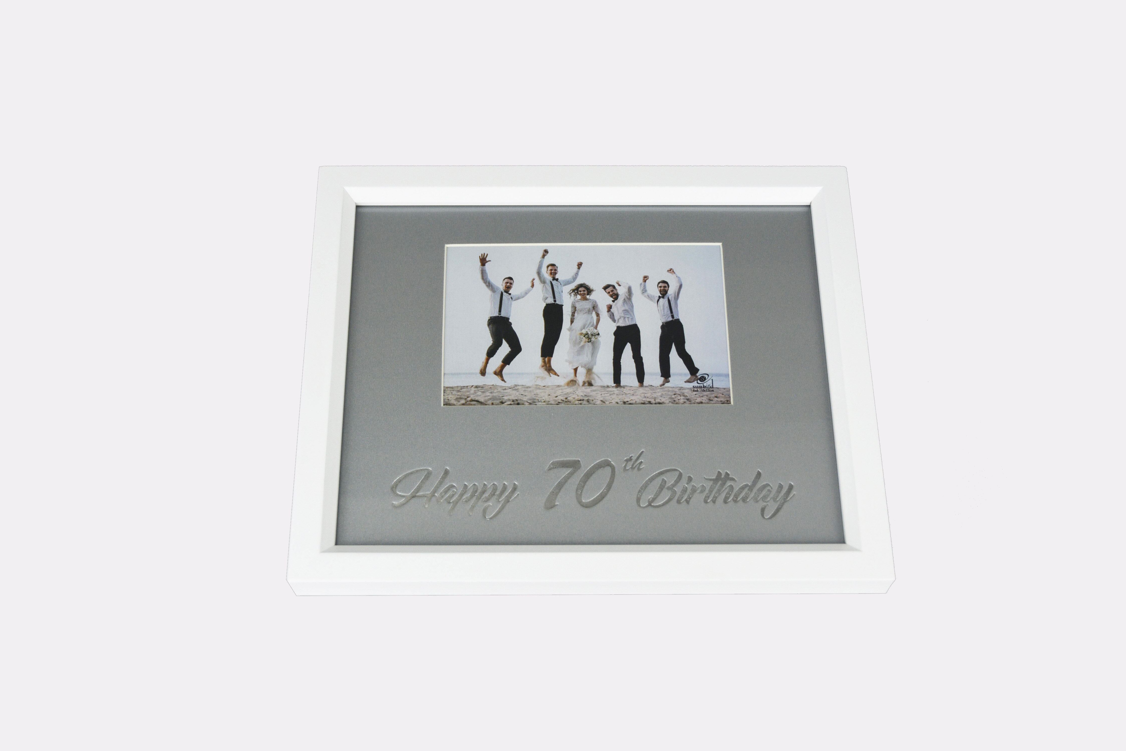 Ages of Happy 70th Birthday 4x6" wooden photo frame with foil silver fonts