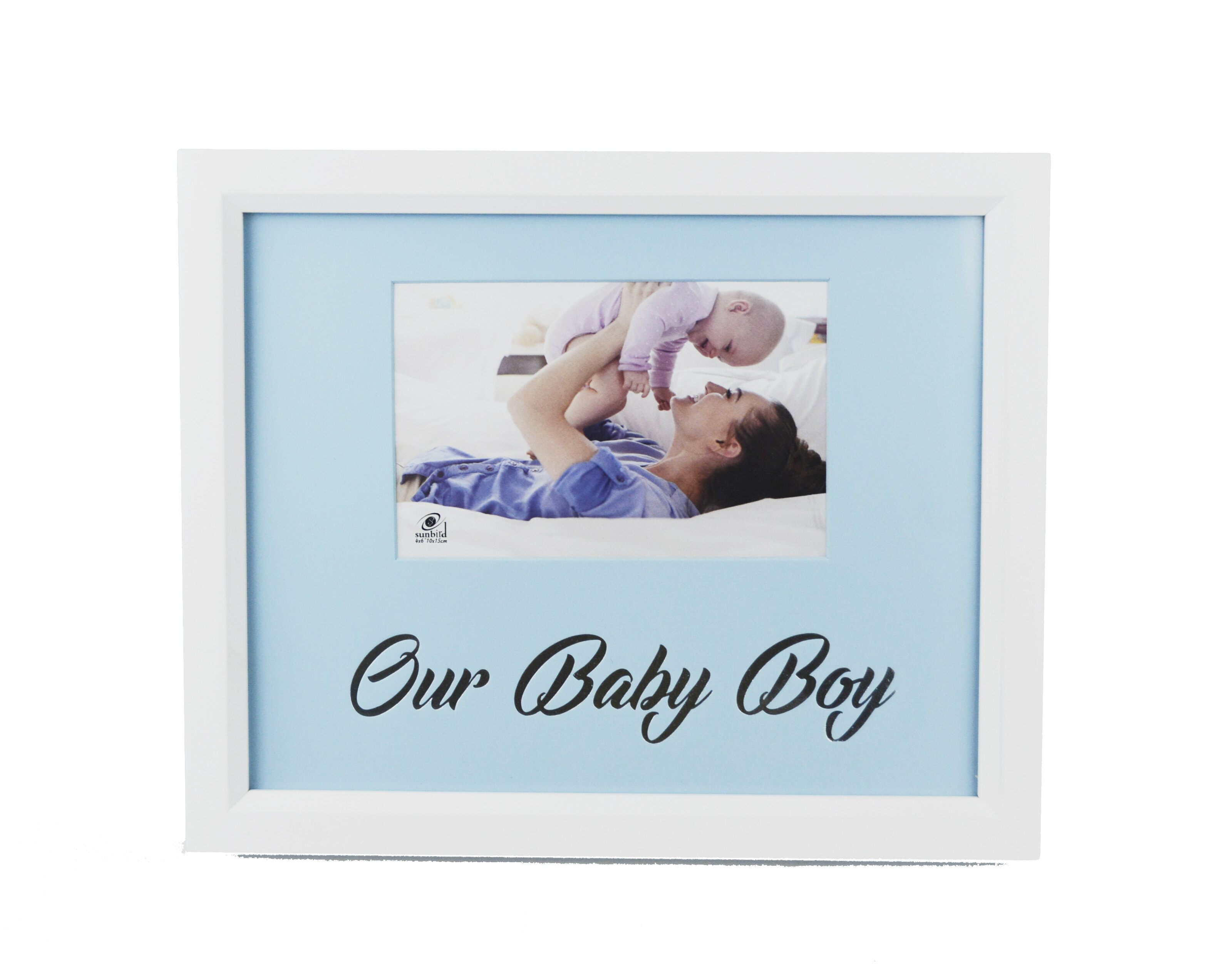 Our baby boy new born blue 4x6" wooden photo frame with foil silver fonts celebrities
