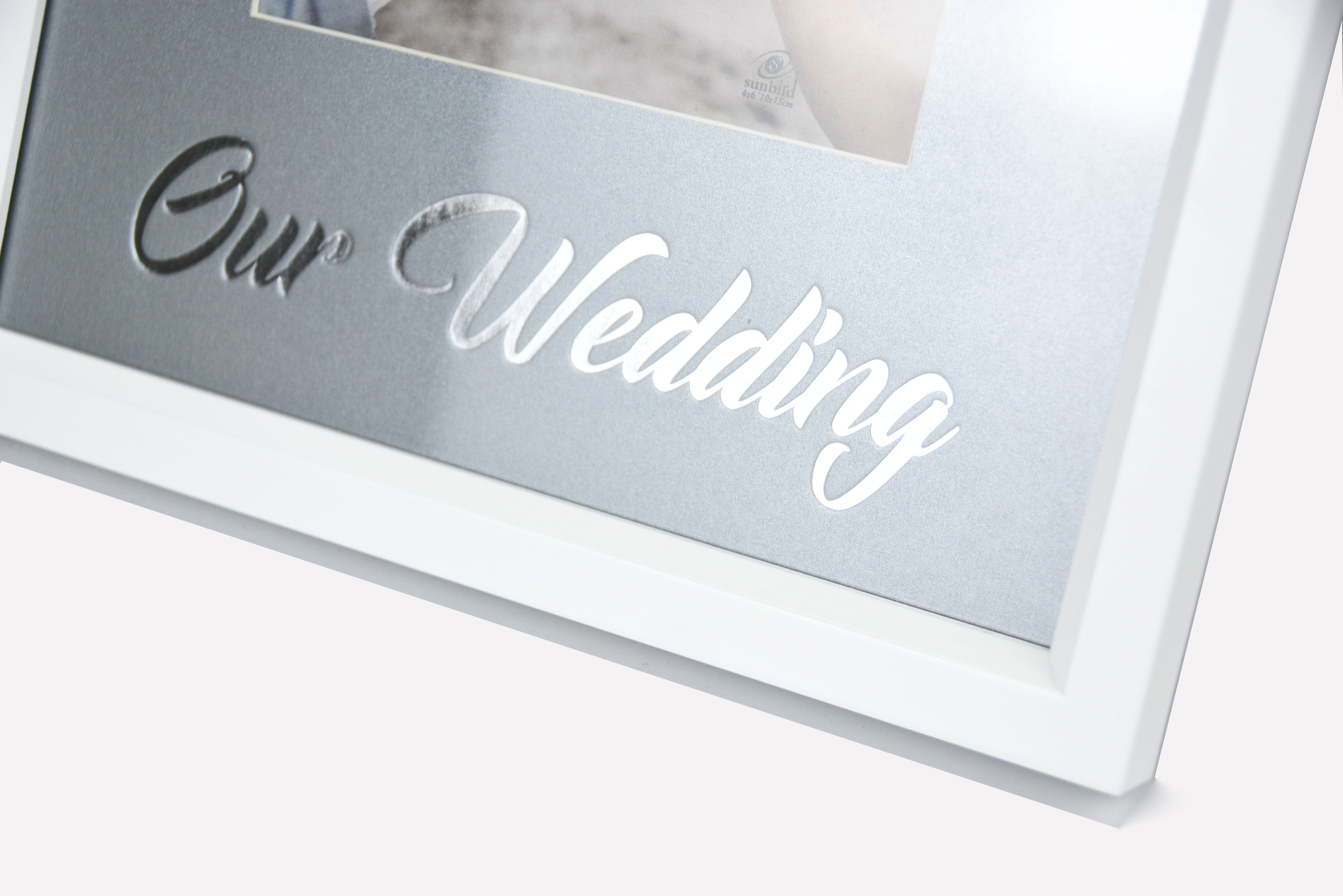 Our wedding 4x6" wooden photo frame with foil silver fonts celebrities