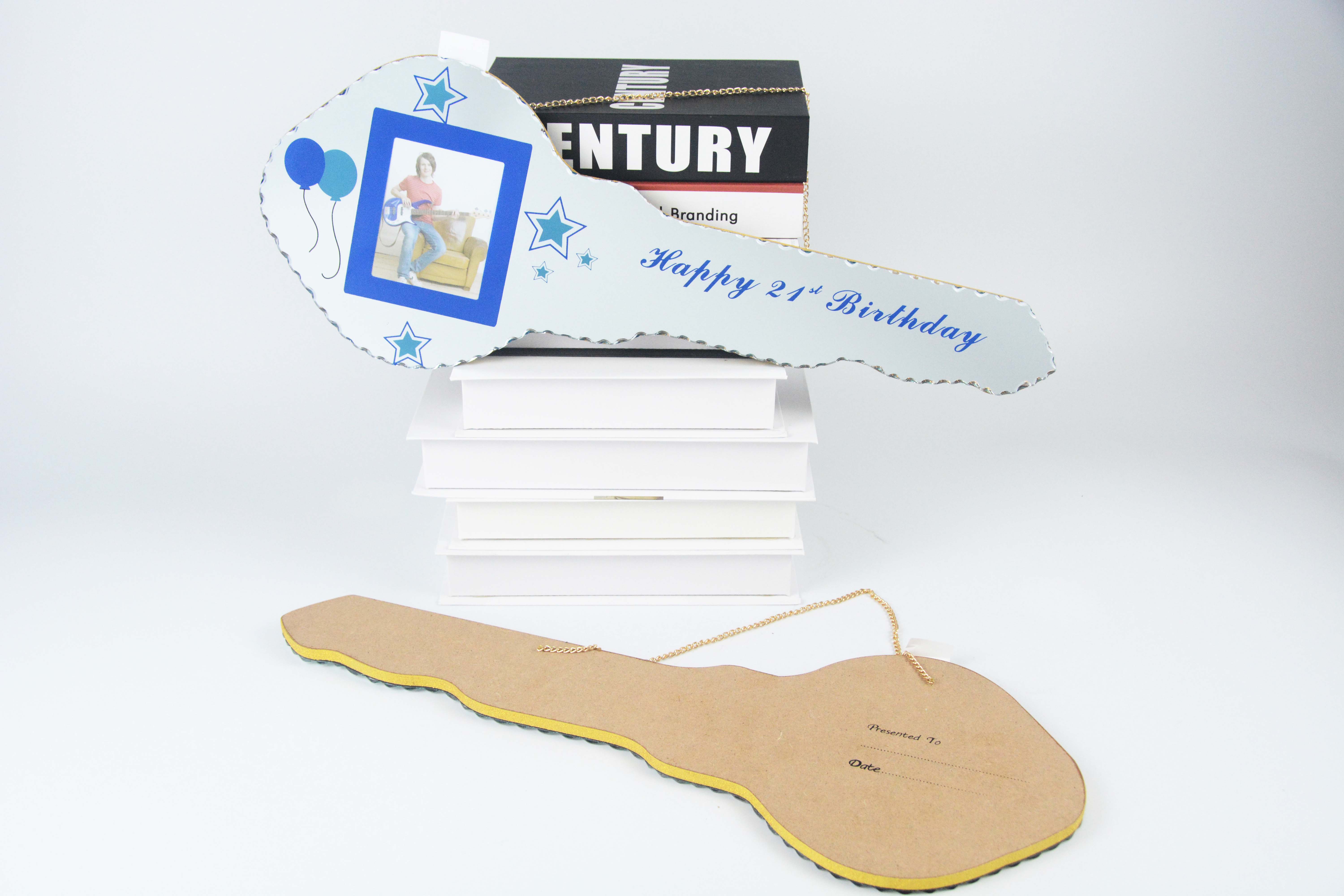 Happy 21st birthday 4x6" glass and wooden photo frame silk screen font with gold powder circled edges in key shape design