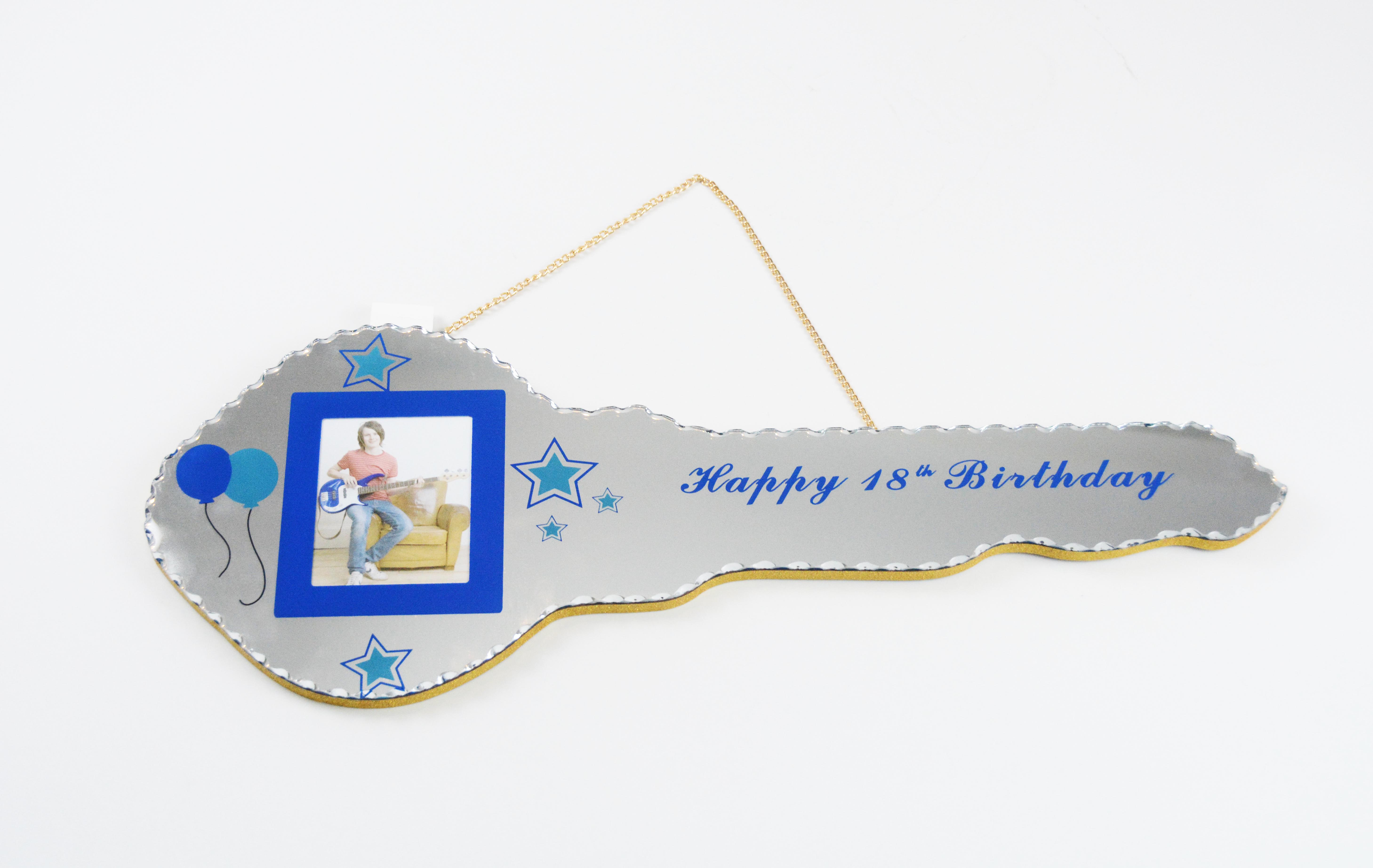 Happy 18th birthday 4x6" glass wooden photo frame silk screen font gold powder circled edges in key shape design for boys