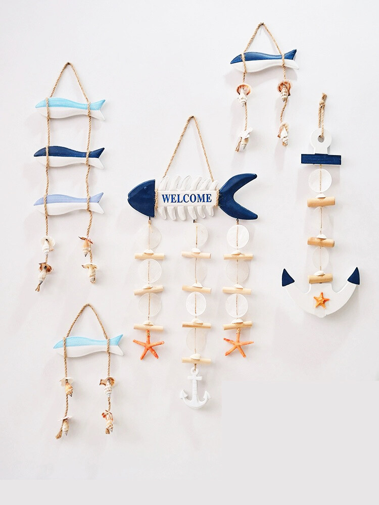 Seashell pearl conch shell starfish anchor wooden ocean plaques for wall deco and hanging with rope and wood stick