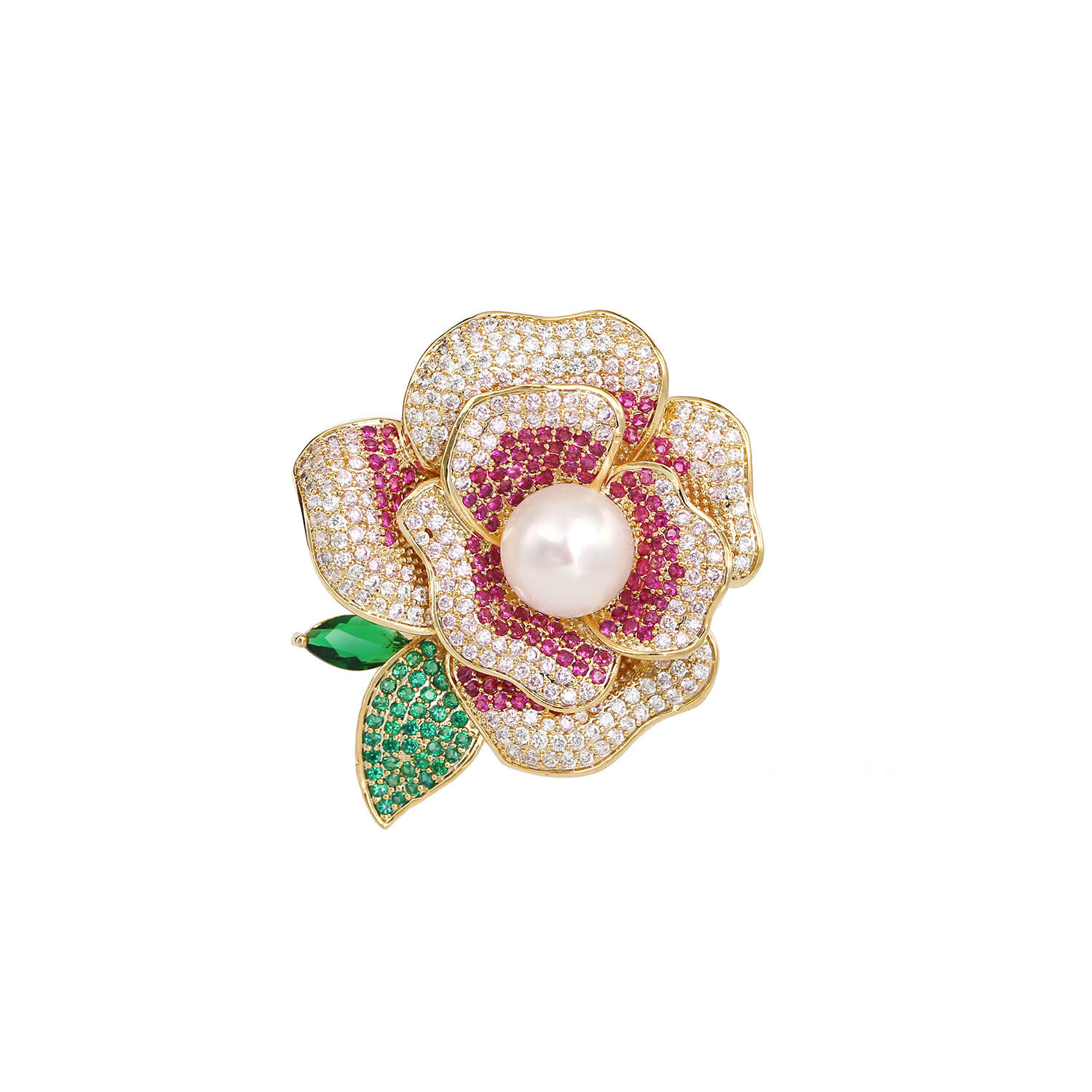 New retro national style rose brooch, sparkling zircon emerald, classical and elegant freshwater pearl accessories