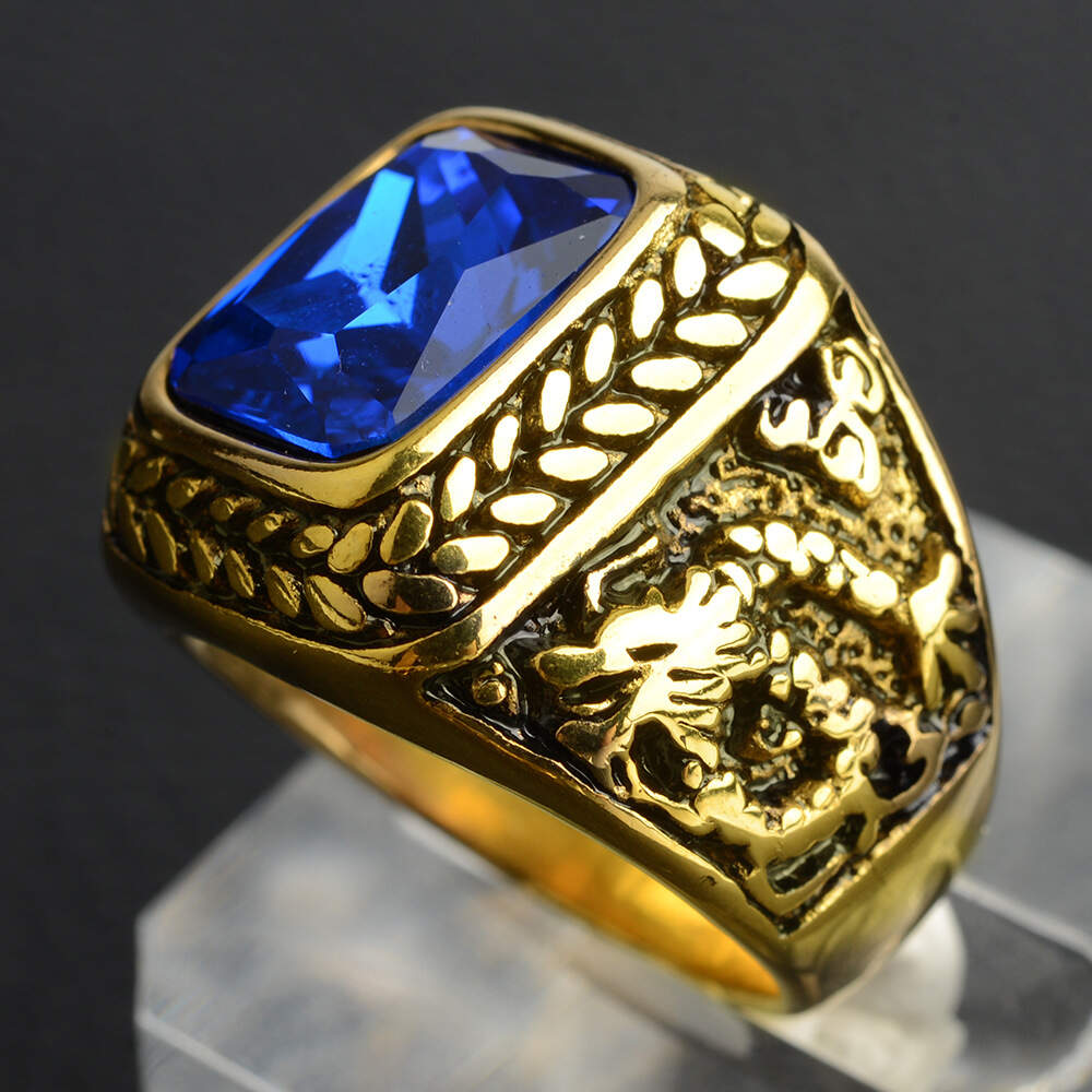 Turkish Style Artificial Gemstone Ring Square Dragon Pattern Ring Body Men’s Titanium Steel Ring Dropshipping