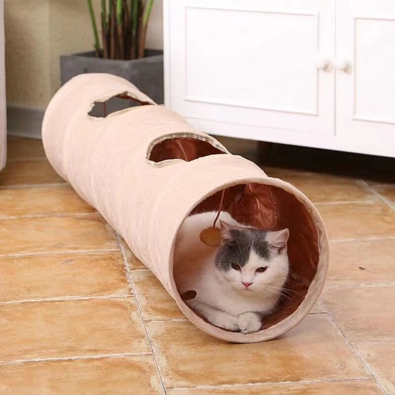 Durable Collapsible Furry Cat Play Tube with Hanging Toy Ball