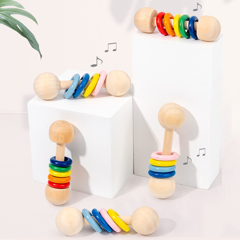 Colorful Wooden Baby Rattle Dumb Bell Toy