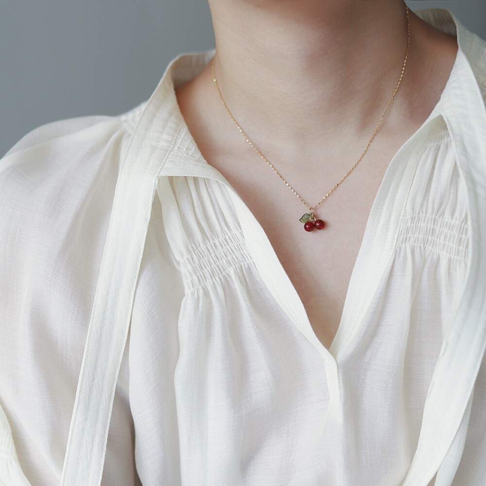 High-Grade Sweet Custom Pendant Necklace Red Cherry and White Delicate Design Gold Plated for Wedding or Gift