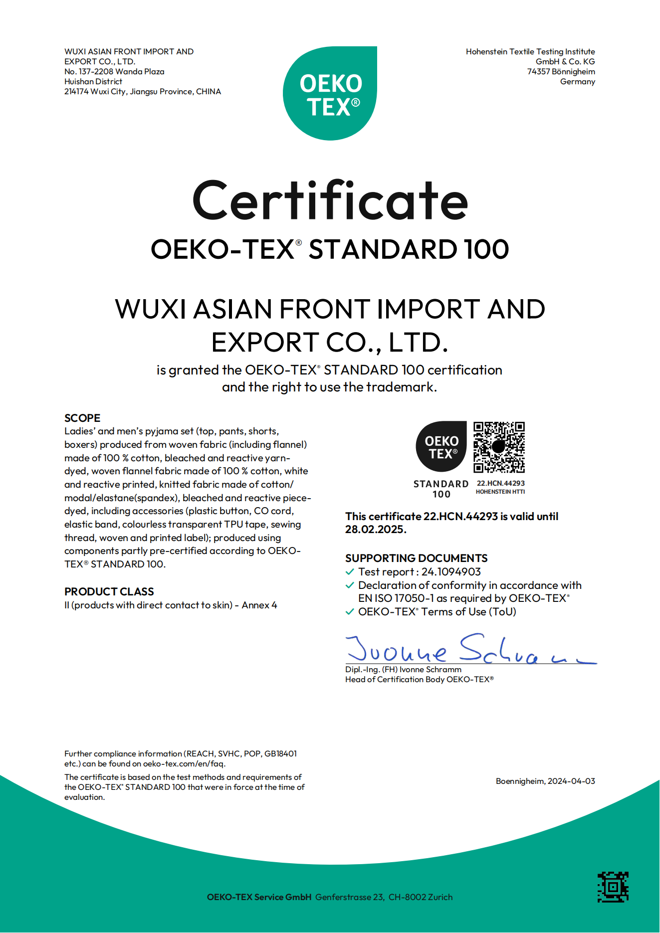 New Oeko-tex certificate