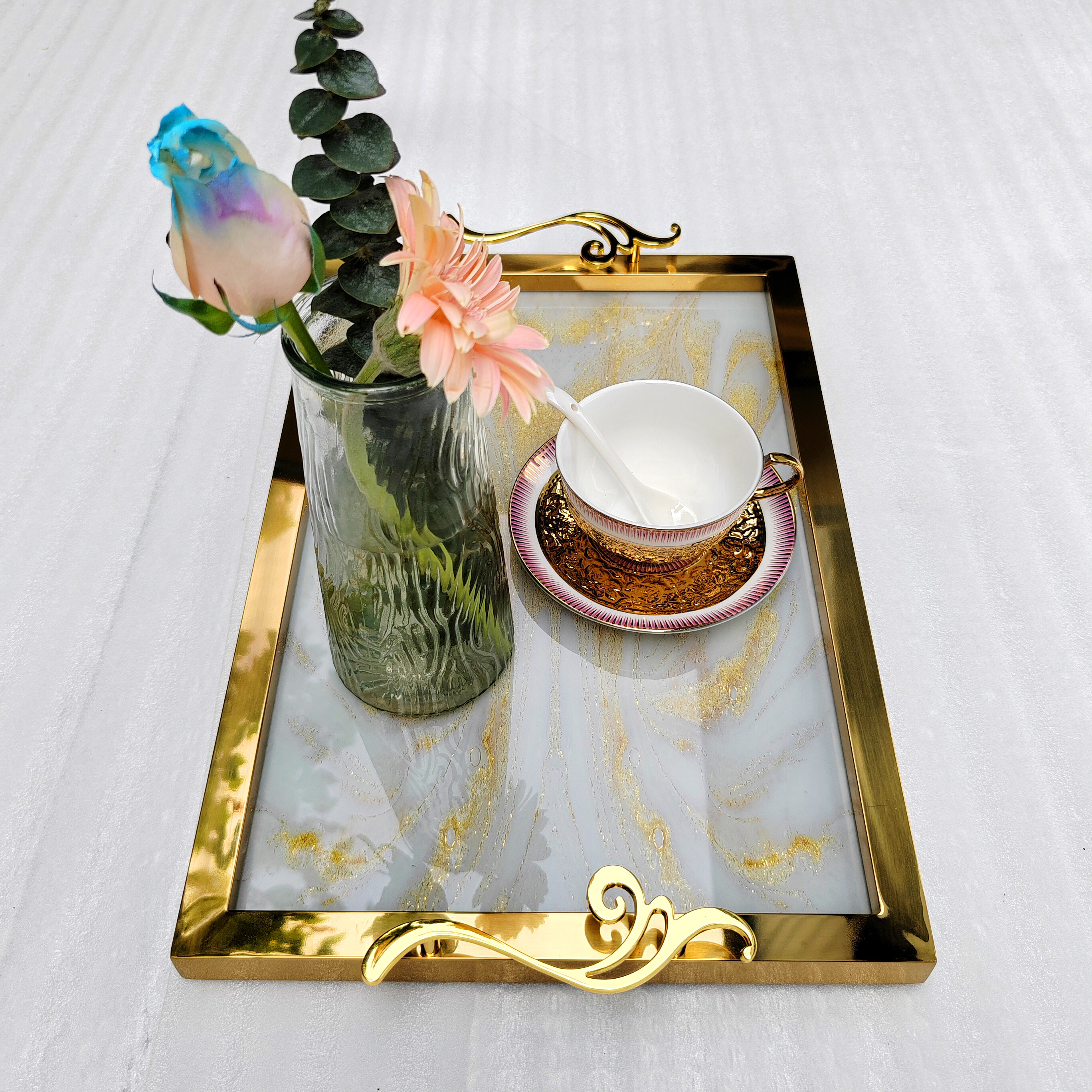 dining room tray，luxury gold tray，restaurant tray，304 stainless steel，rectangular Italian design，villa hotel bathroom decoration tray，tray furniture