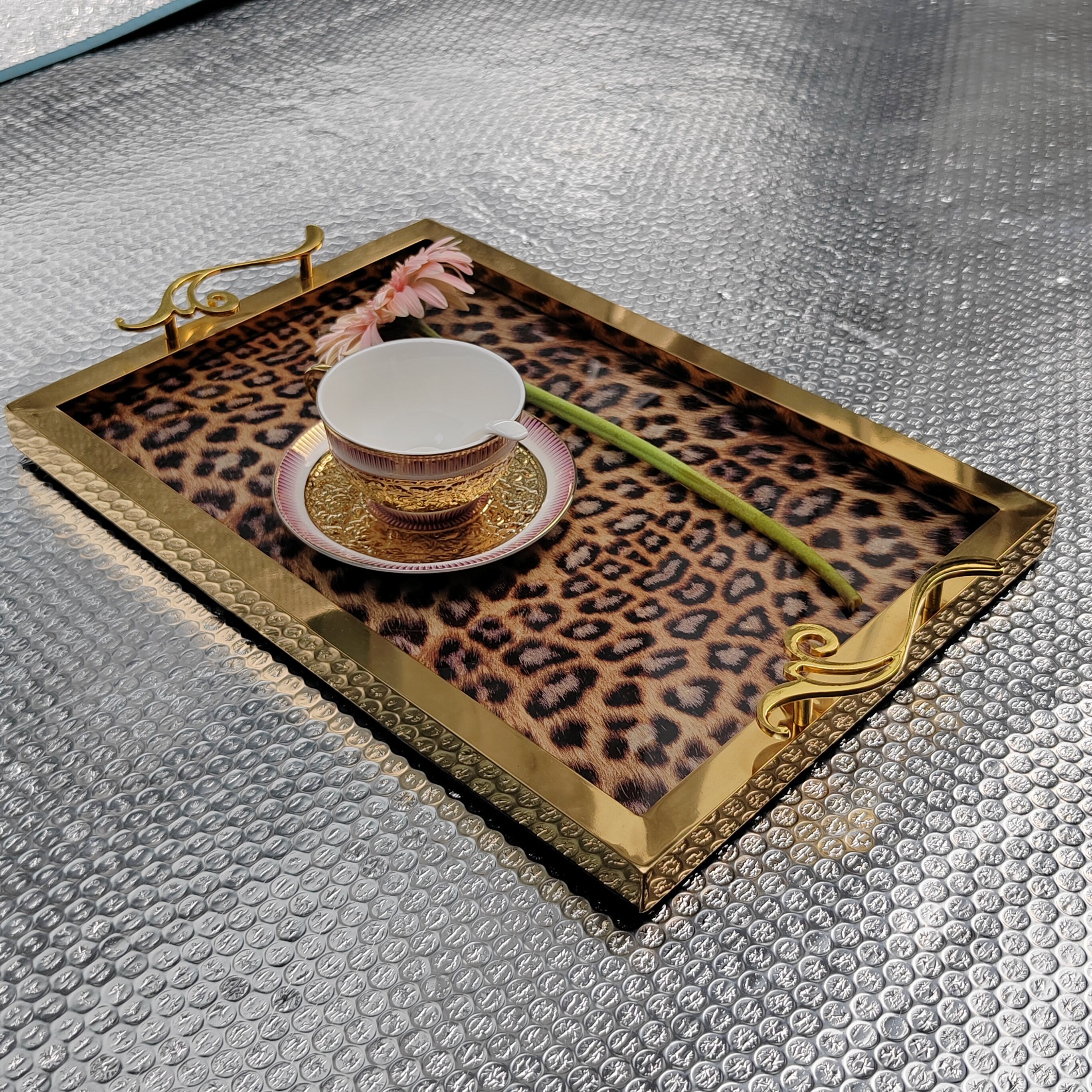 Dining Room Tray, Luxury Gold Tray, Restaurant Tray, 304 Stainless Simbi, Rectangular Italian Dhizaini, Leopard Printer Inoshandira Trayvilla Hotera yekushongedza Tray,