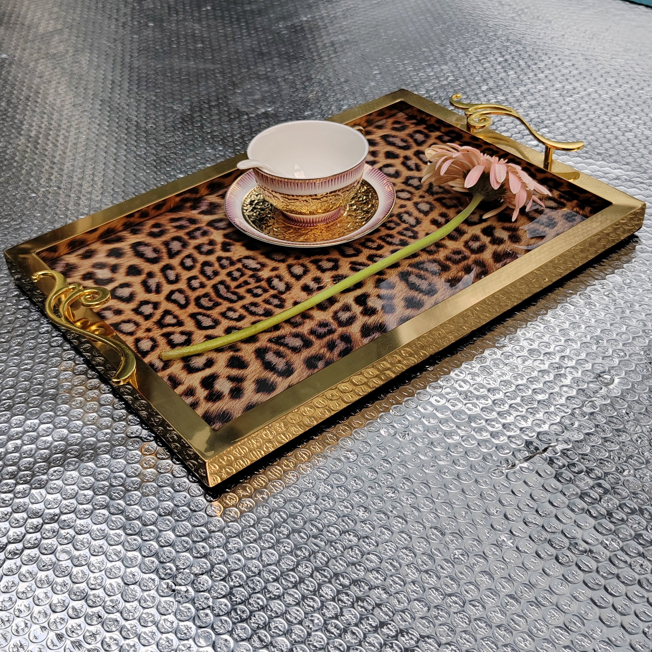 Dining Room Tray, Luxury Gold Tray, Restaurant Tray, 304 Stainless Simbi, Rectangular Italian Dhizaini, Leopard Printer Inoshandira Trayvilla Hotera yekushongedza Tray,