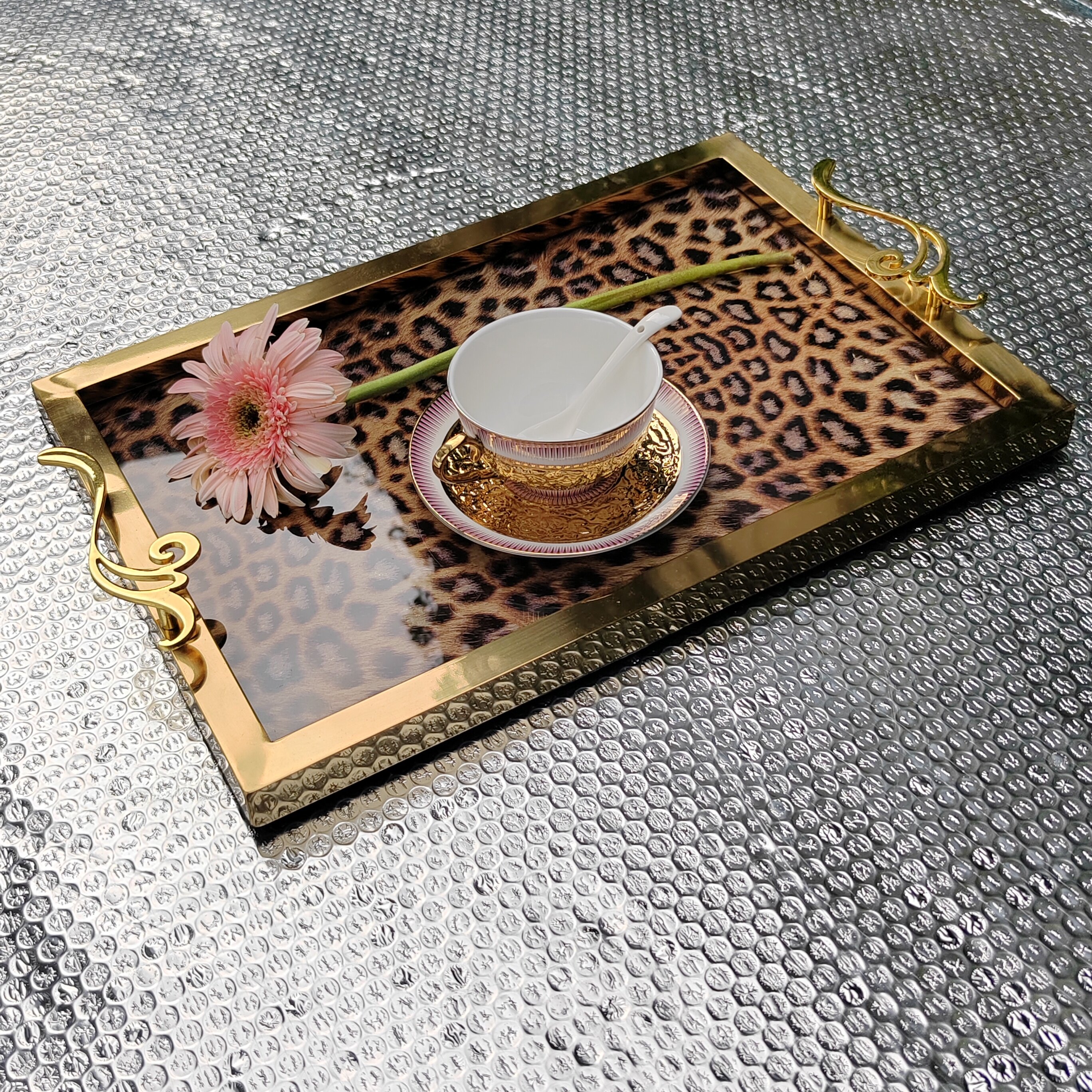 dining room tray，luxury gold tray，restaurant tray，304 stainless steel，rectangular Italian design，leopard print serving trayvilla hotel bathroom decoration tray，