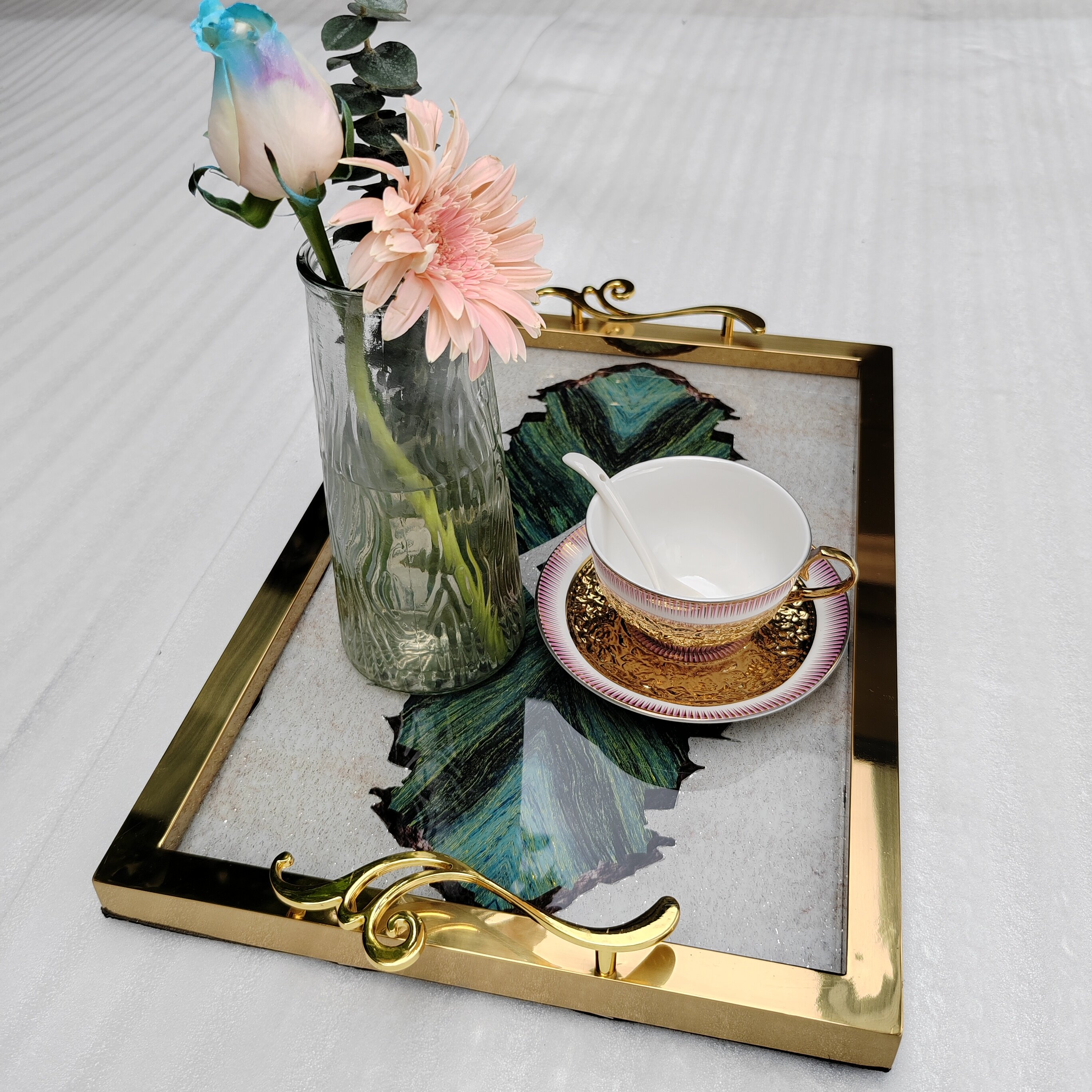 dining room tray，luxury gold tray，restaurant tray，304 stainless steel，rectangular Italian design，villa hotel bathroom decoration tray，