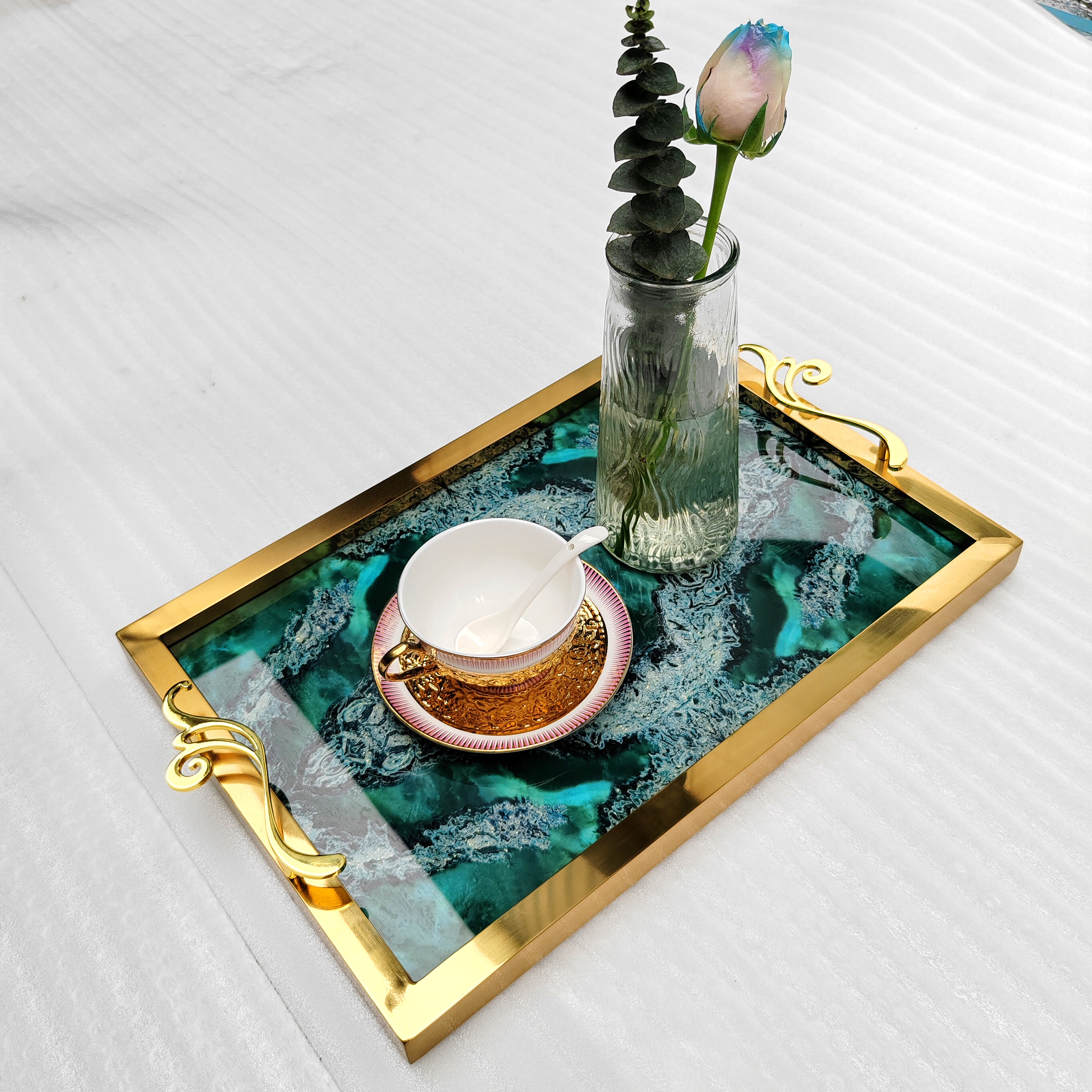 dining room tray，luxury gold tray，restaurant tray，304 stainless steel，rectangular Italian design，villa hotel bathroom decoration tray，tray furniture