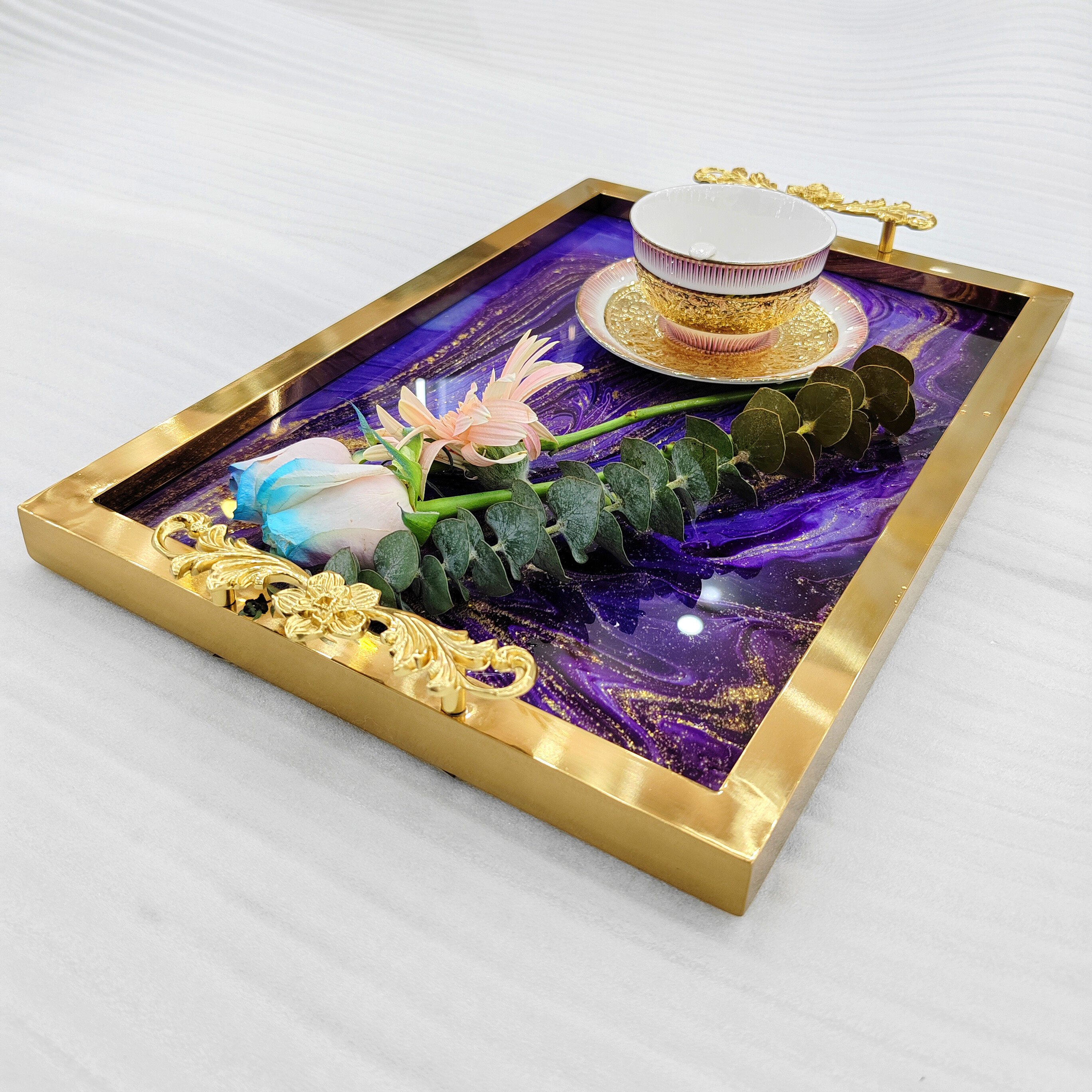 dining room tray，luxury gold tray，restaurant tray，304 stainless steel，rectangular Italian design，villa hotel bathroom decoration tray，tray furniture