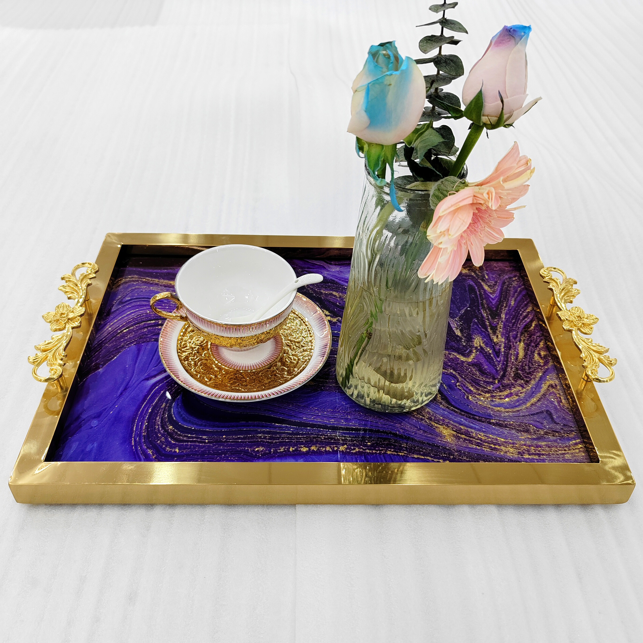 dining room tray，luxury gold tray，restaurant tray，304 stainless steel，rectangular Italian design，villa hotel bathroom decoration tray，tray furniture