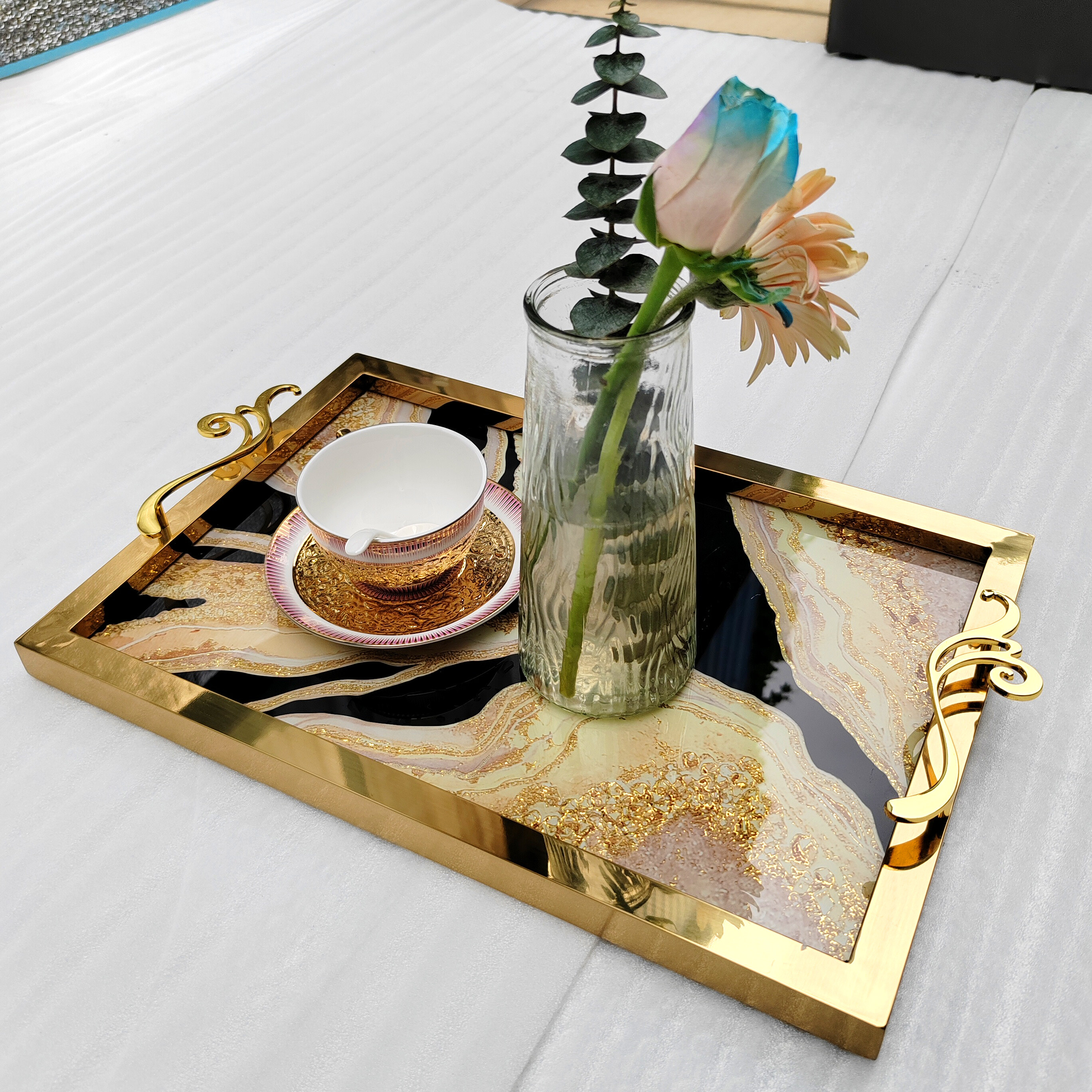 Kudya Kamuri Tray, Luxury Gold Tray, Restaurant Tray, 304 Stainless Simbi, rectangular Italian Dhizaini, Villa Hotera yekugezera yekushongedza Tray, Tray Fenicha