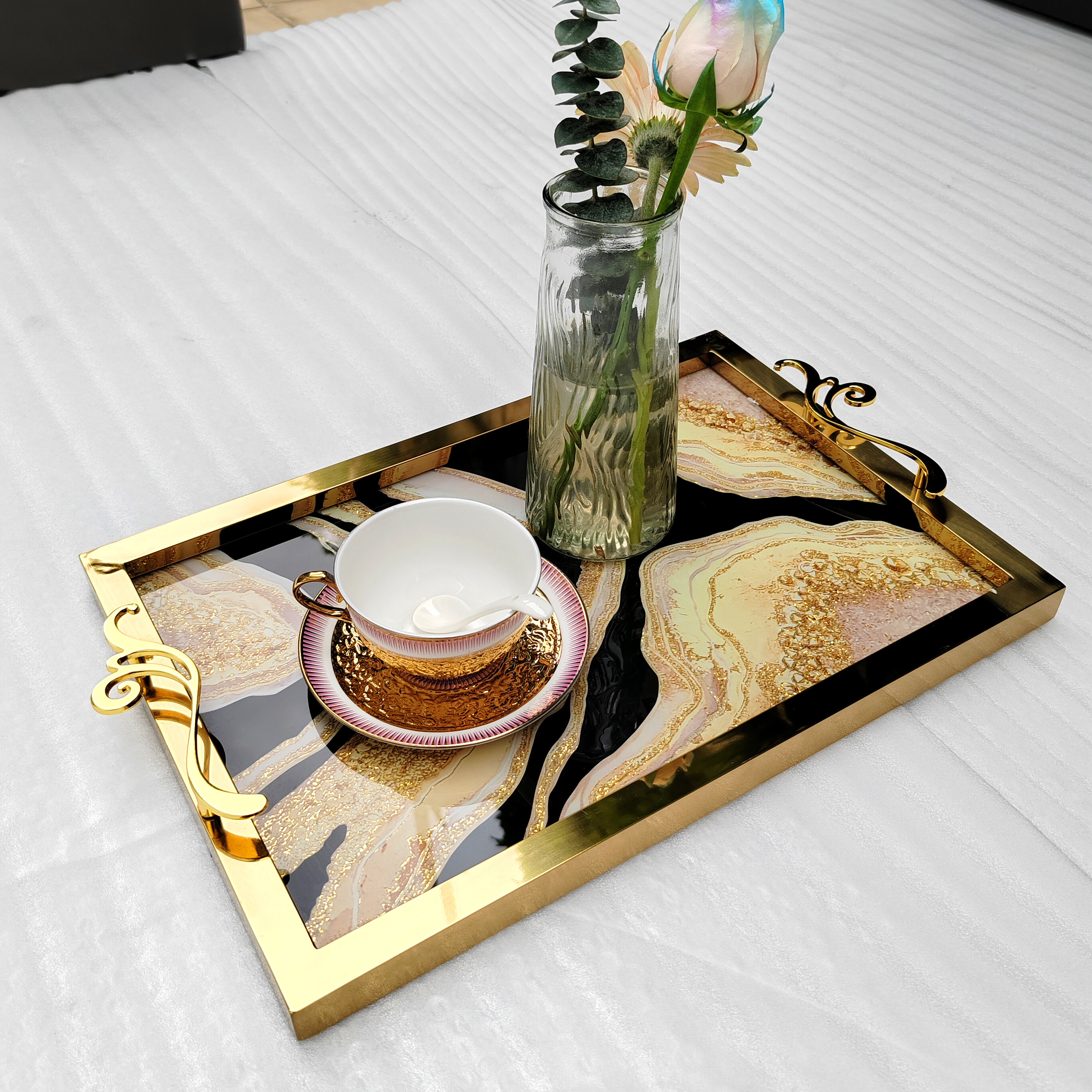 dining room tray，luxury gold tray，restaurant tray，304 stainless steel，rectangular Italian design，villa hotel bathroom decoration tray，tray furniture