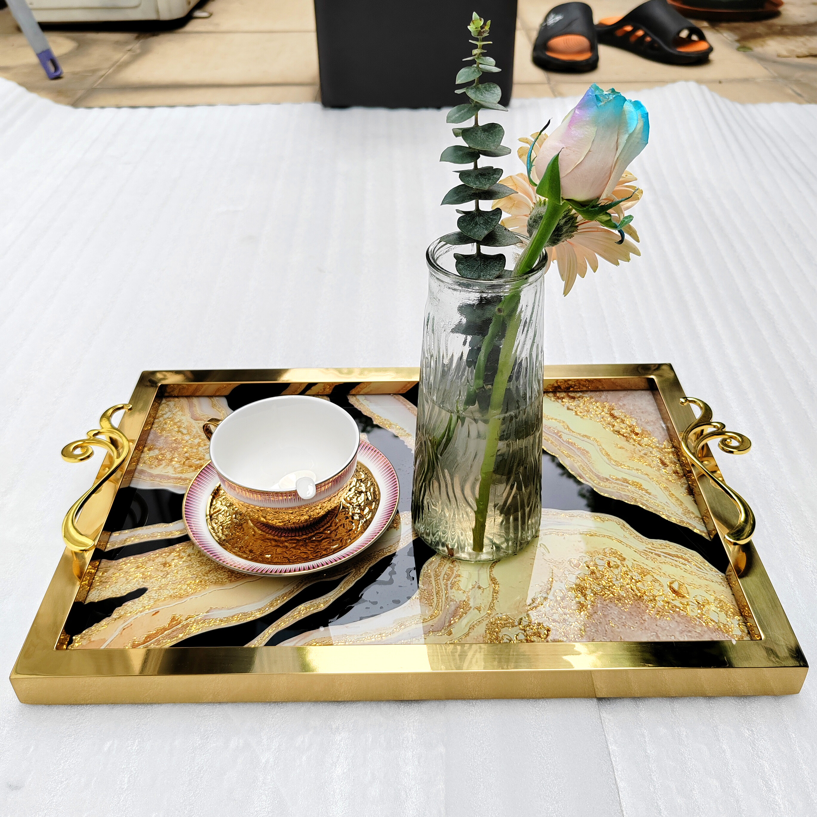 dining room tray，luxury gold tray，restaurant tray，304 stainless steel，rectangular Italian design，villa hotel bathroom decoration tray，tray furniture