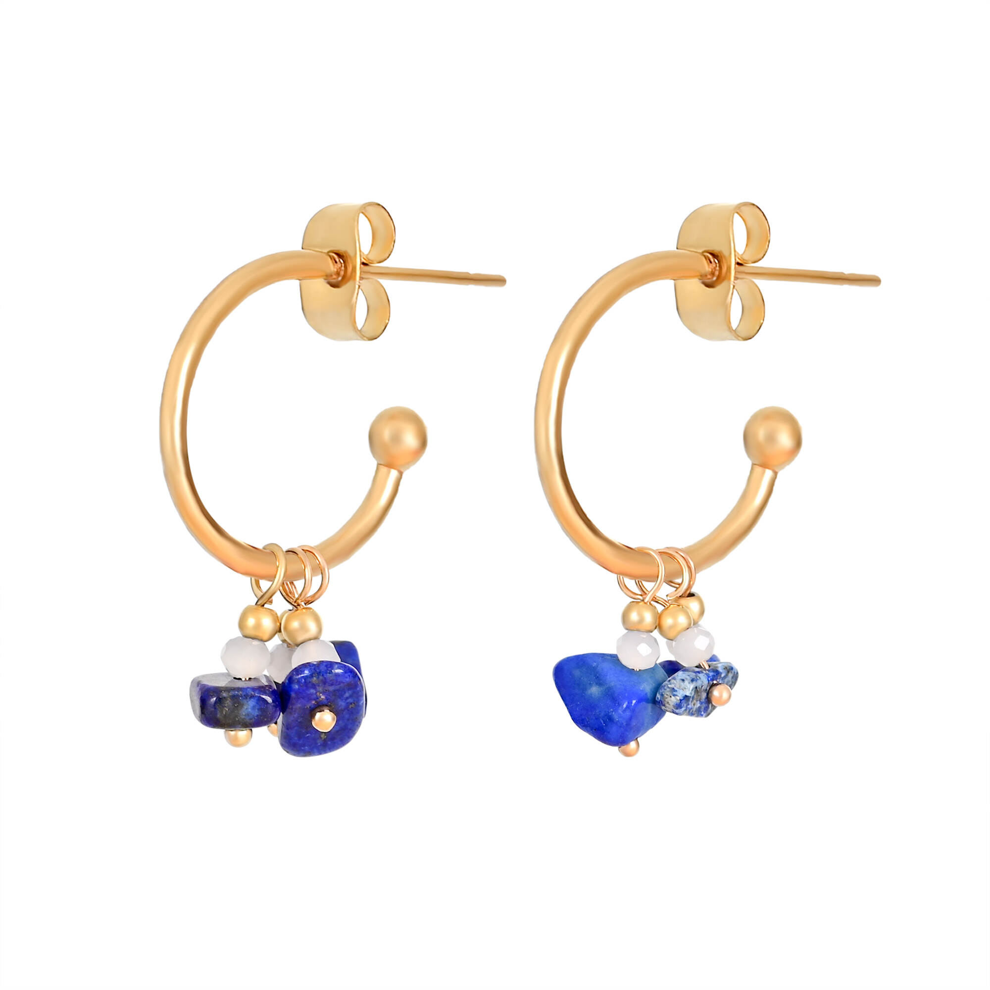 Stainless Steel Hangle Earrings With Natural Lapis Stone