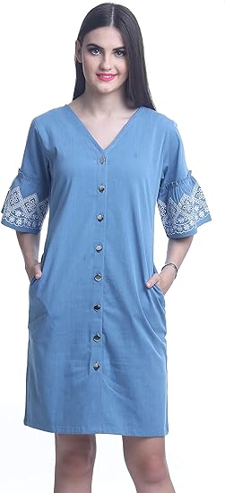 Womens Button Down V-Neck Denim Shift Dress