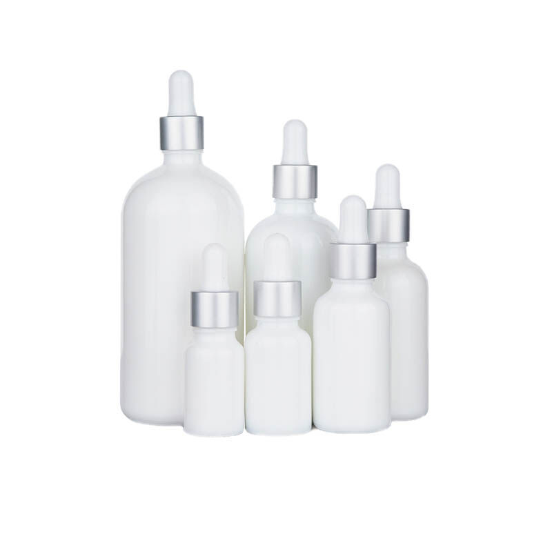 10ml 15ml 30ml 50ml 100ml 200ml White Glass Essential Oil Bottle with Silver Aluminum Electrolytic Dropper