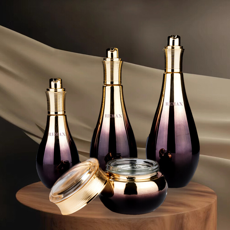 Factory direct 55/100/150ml Purple gold gradient bottle with golden cap for empty skincare packing bottle