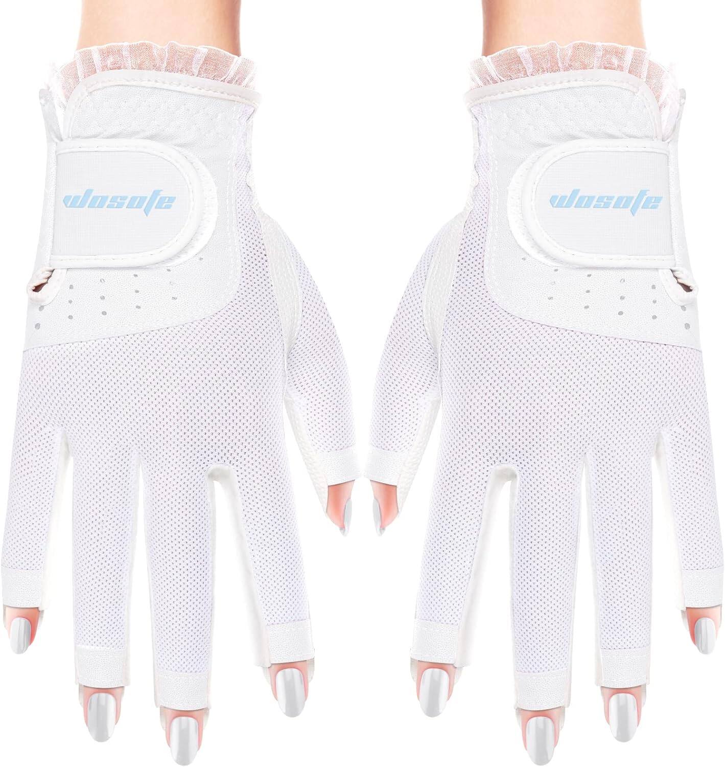 DT5L WH Golf Gloves for Women Half 1/3 Finger Soft Leather Breathable Extra Grip Accessories