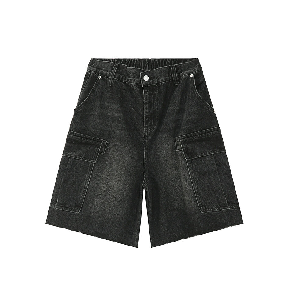 Black Big Pocket Distressed Raw Hem Men Cargo Denim Jeans Shorts