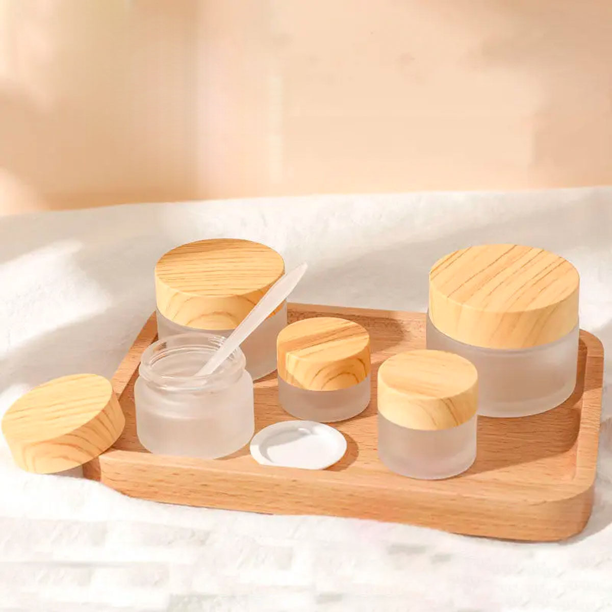 5g Water Transfer Frosted Glass Cream Jar with Bamboo Lid