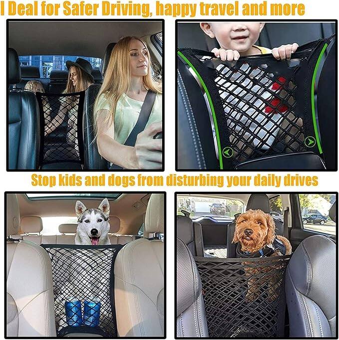 Dog car net barrier, pet barrier with metal hooks & stretchable mesh, car divider, drive safely with children & pets