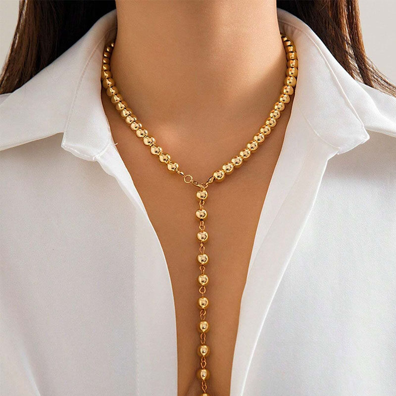 1pc Vintage Beaded Chain Necklace, Minimalist Faux Pearl Tassel Pendant