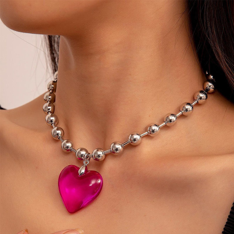 1pc Exaggerated Sweet & Cool Beaded Heart Pendant Necklace