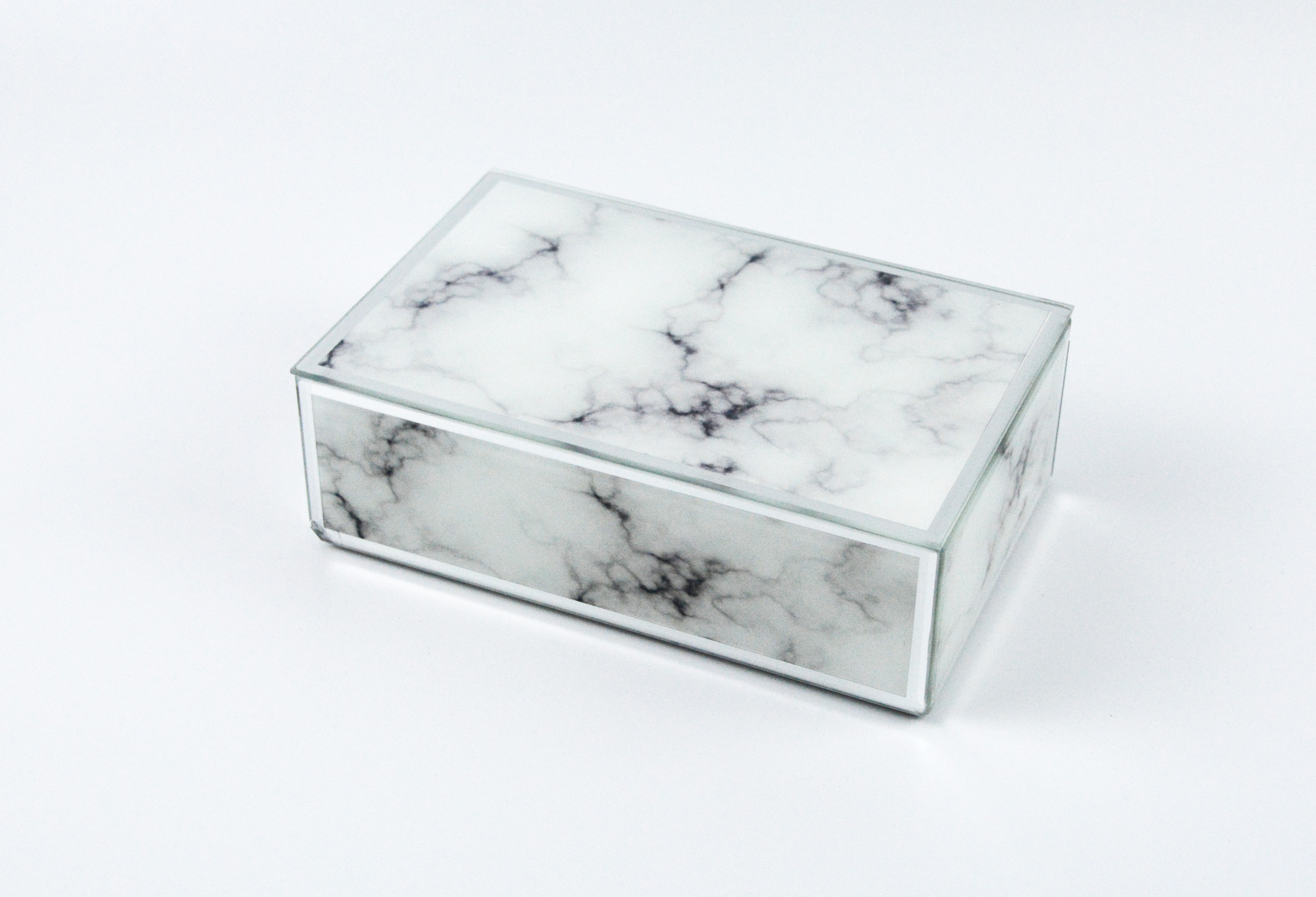 Marble patterned high quality rectangular glass jewelry box storage box with inner velvet flocked material plus grid plate