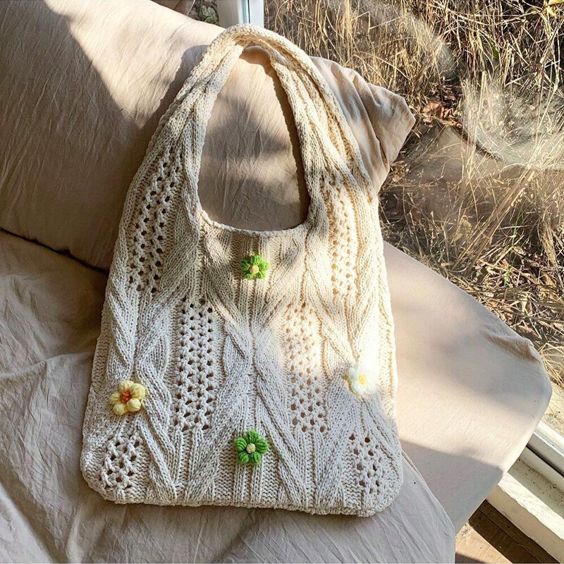 Beautiful Small Flower Handsew To Knitted Bag For Women