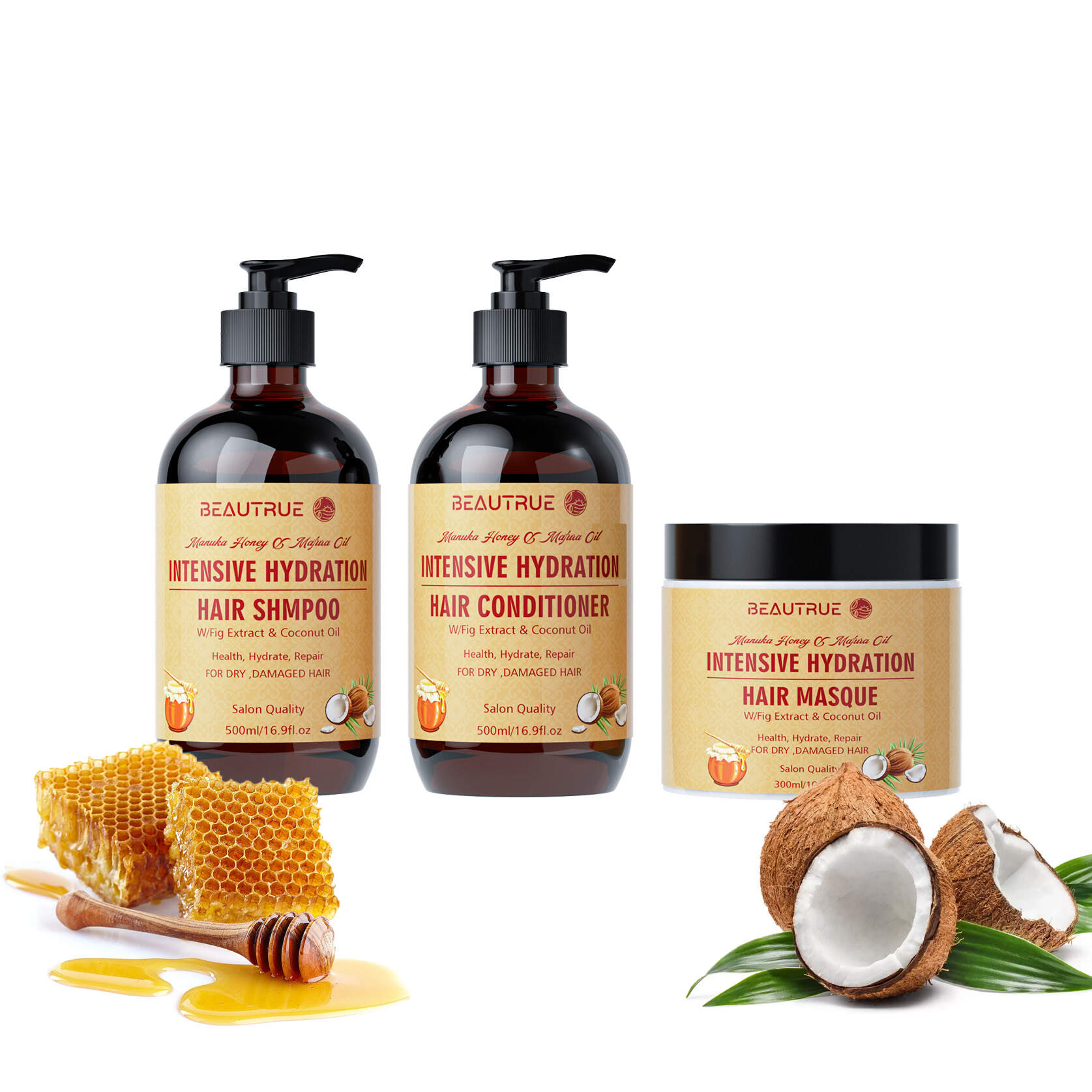 hydrate honey shampoo;shampoo;conditioner;hair masque;honey shampoo set